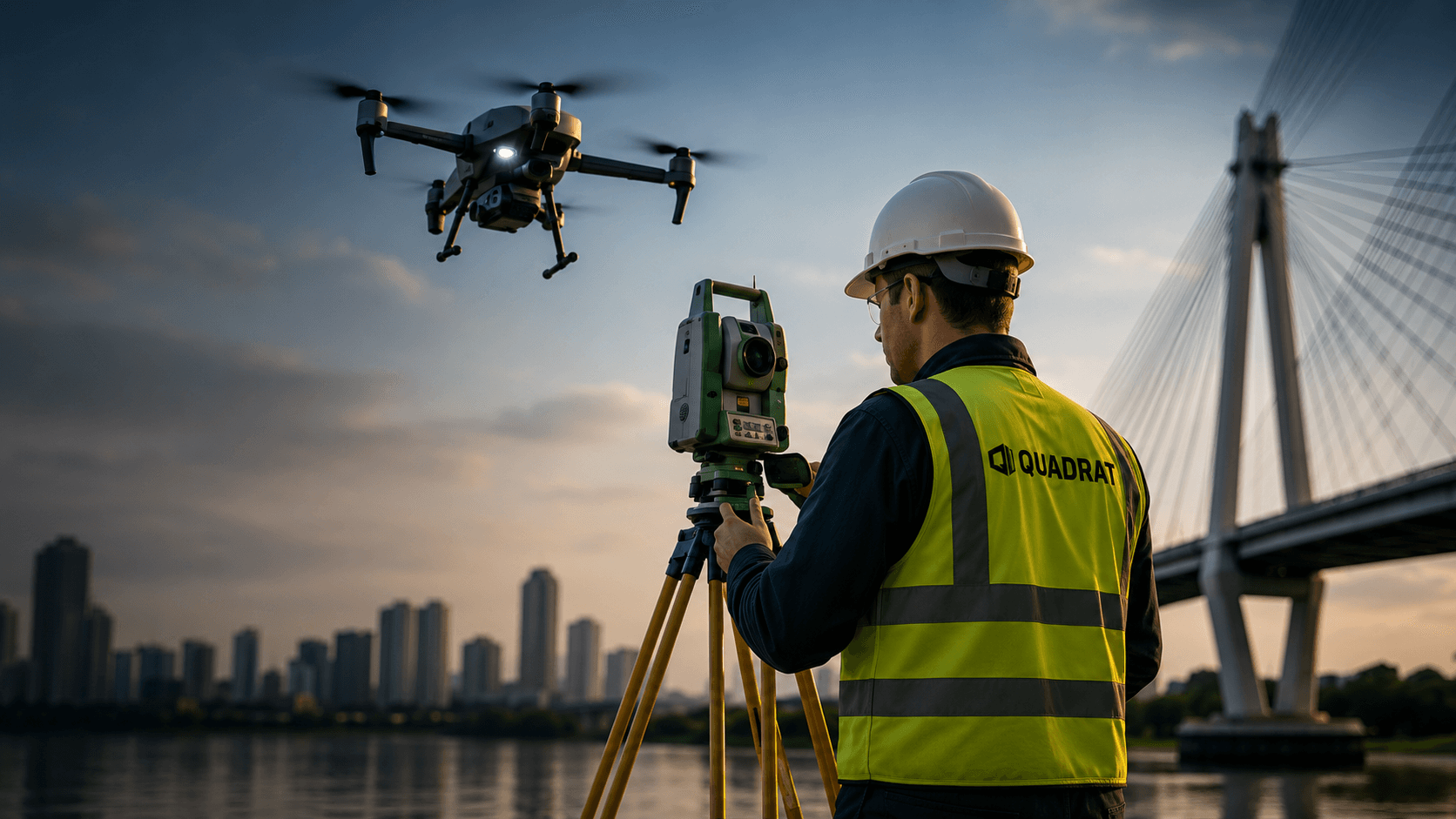 Topógrafo da Quadrat operando estação total com drone e skyline ao fundo